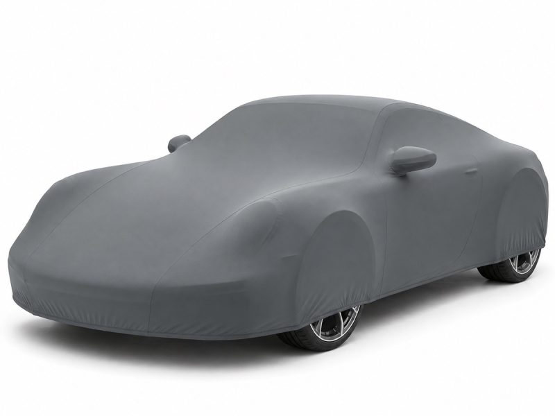 Housse de protection intérieure Lycra gris anthracite sur mesure posée sur une Porsche 911 992, vue avant 3/4