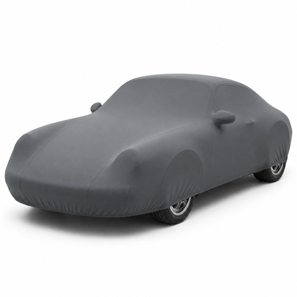 Housse de protection intérieure Lycra gris anthracite sur mesure posée sur une Porsche 911 993, vue avant 3/4