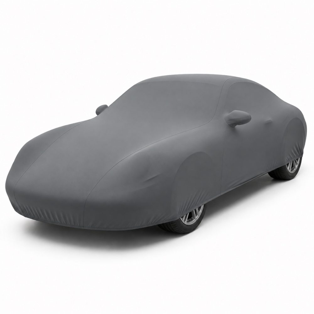 Housse de protection intérieure Lycra gris anthracite sur mesure posée sur une Porsche 911 996 Coupé Targa, vue avant 3/4