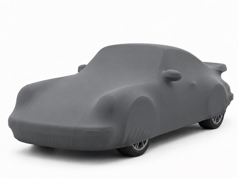 Housse de protection intérieure Lycra gris anthracite sur mesure posée sur une Porsche 911 Carrera 3.2 « Turbo-Look » (G-Serie), vue avant 3/4