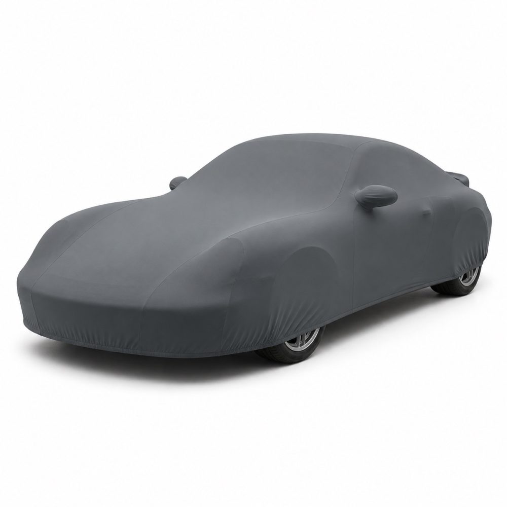Housse de protection intérieure Lycra gris anthracite sur mesure posée sur une Porsche 911 Carrera 4S 996, vue avant 3/4