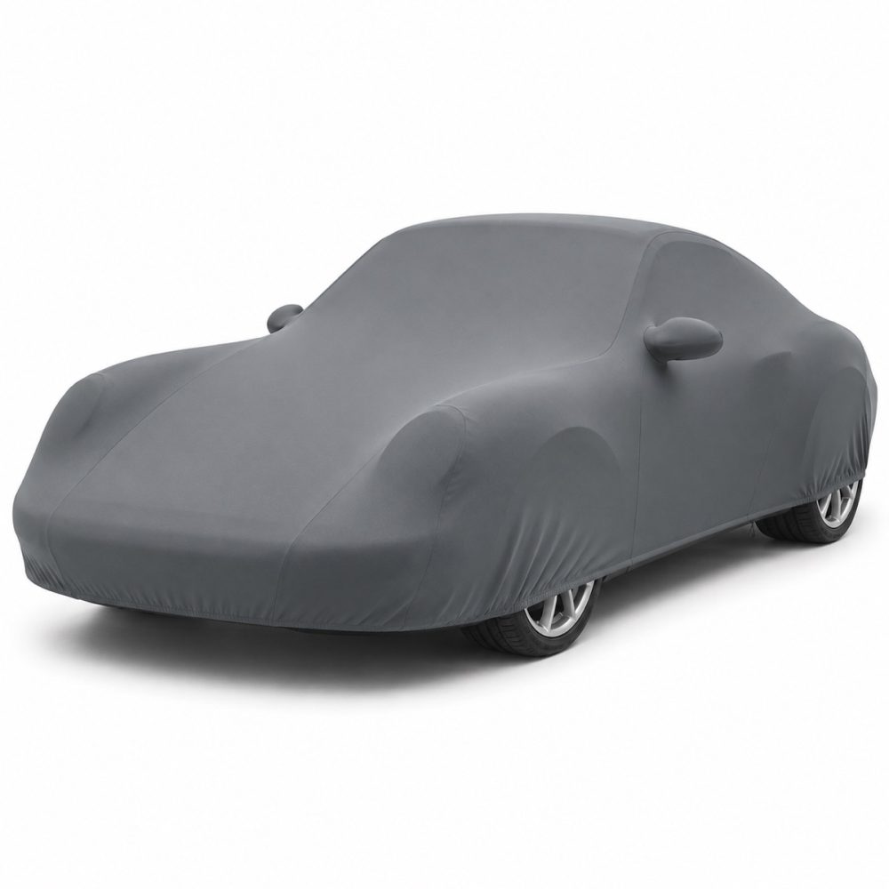 Housse de protection intérieure Lycra gris anthracite sur mesure posée sur une Porsche 911 Carrera S 997, vue avant 3/4