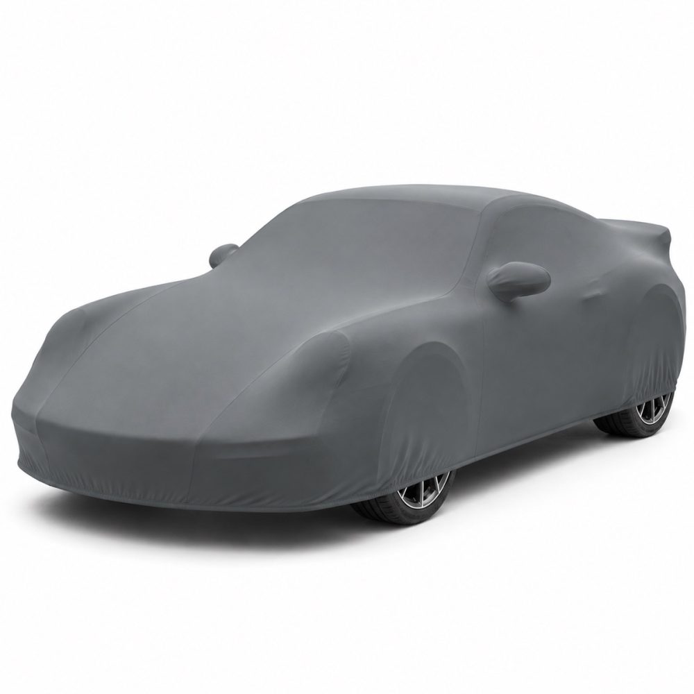 Housse de protection intérieure Lycra gris anthracite sur mesure posée sur une Porsche 911 GT3 RS 997, vue avant 3/4