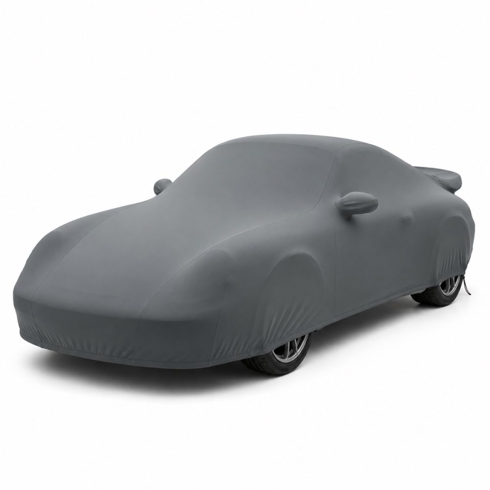 Housse de protection intérieure Lycra gris anthracite sur mesure posée sur une Porsche 911 Turbo 993, vue avant 3/4