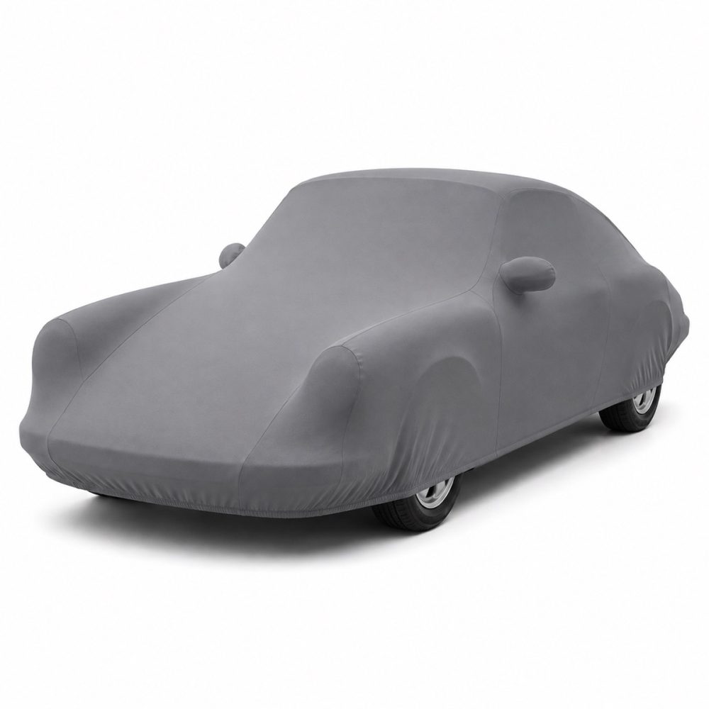 Housse de protection intérieure Lycra gris anthracite sur mesure posée sur une Porsche 912, vue avant 3/4