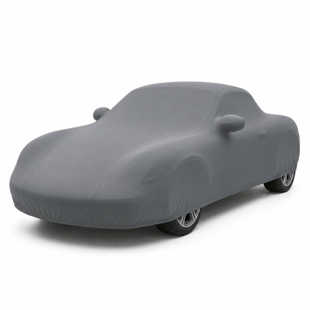 Housse de protection intérieure Lycra gris anthracite sur mesure posée sur une Porsche Boxster 986, vue avant 3/4