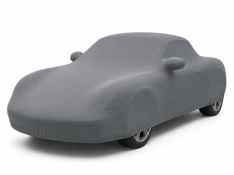 Housse de protection intérieure Lycra gris anthracite sur mesure posée sur une Porsche Boxster 987, vue avant 3/4
