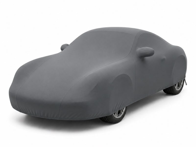 Housse de protection intérieure Lycra gris anthracite sur mesure posée sur une Porsche Cayman 981, vue avant 3/4