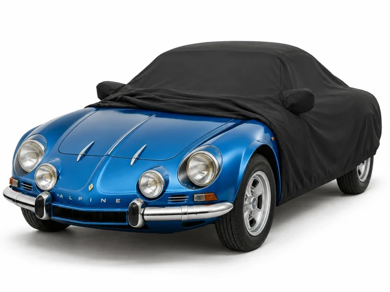 Housse extérieure Urban noire pour Alpine A390 : housse repliée sur une Alpine A110 1600 S, avant découvert