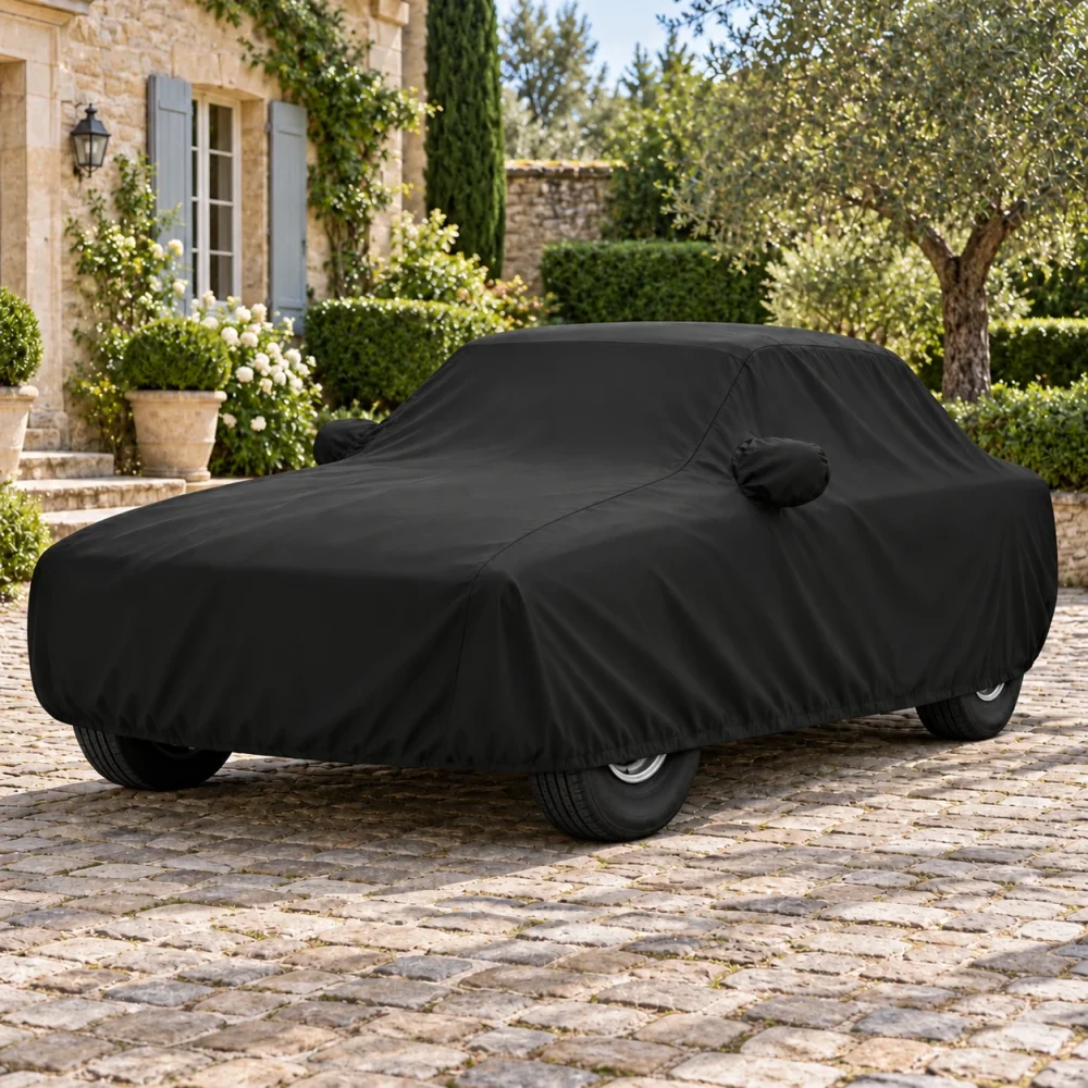Housse extérieure Urban sur mesure pour Mercedes-Benz CLA (C117 / C118), posée dans une cour pavée devant une maison en pierre (illustration sur une Mercedes-Benz 280 SL Pagode (W113))