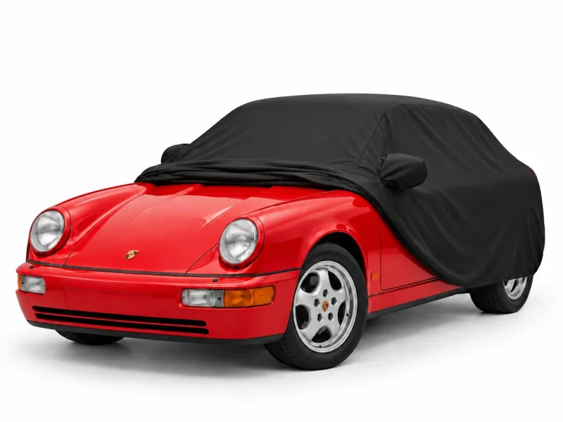 Housse extérieure Urban noire pour Porsche Cayenne (955/957) : housse repliée sur une Porsche 911 Carrera 2 (964), avant découvert