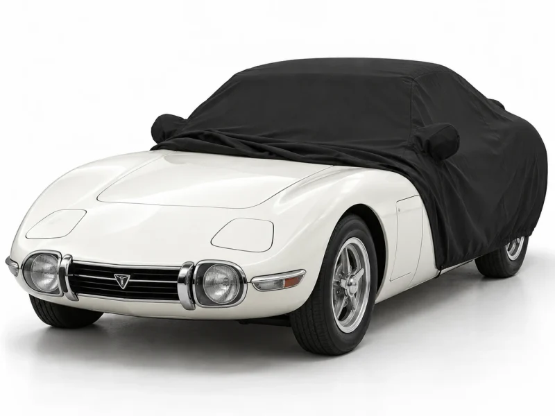Housse extérieure Urban noire pour Toyota Land Cruiser Série 200 (J200) : housse repliée sur une Toyota 2000GT, avant découvert