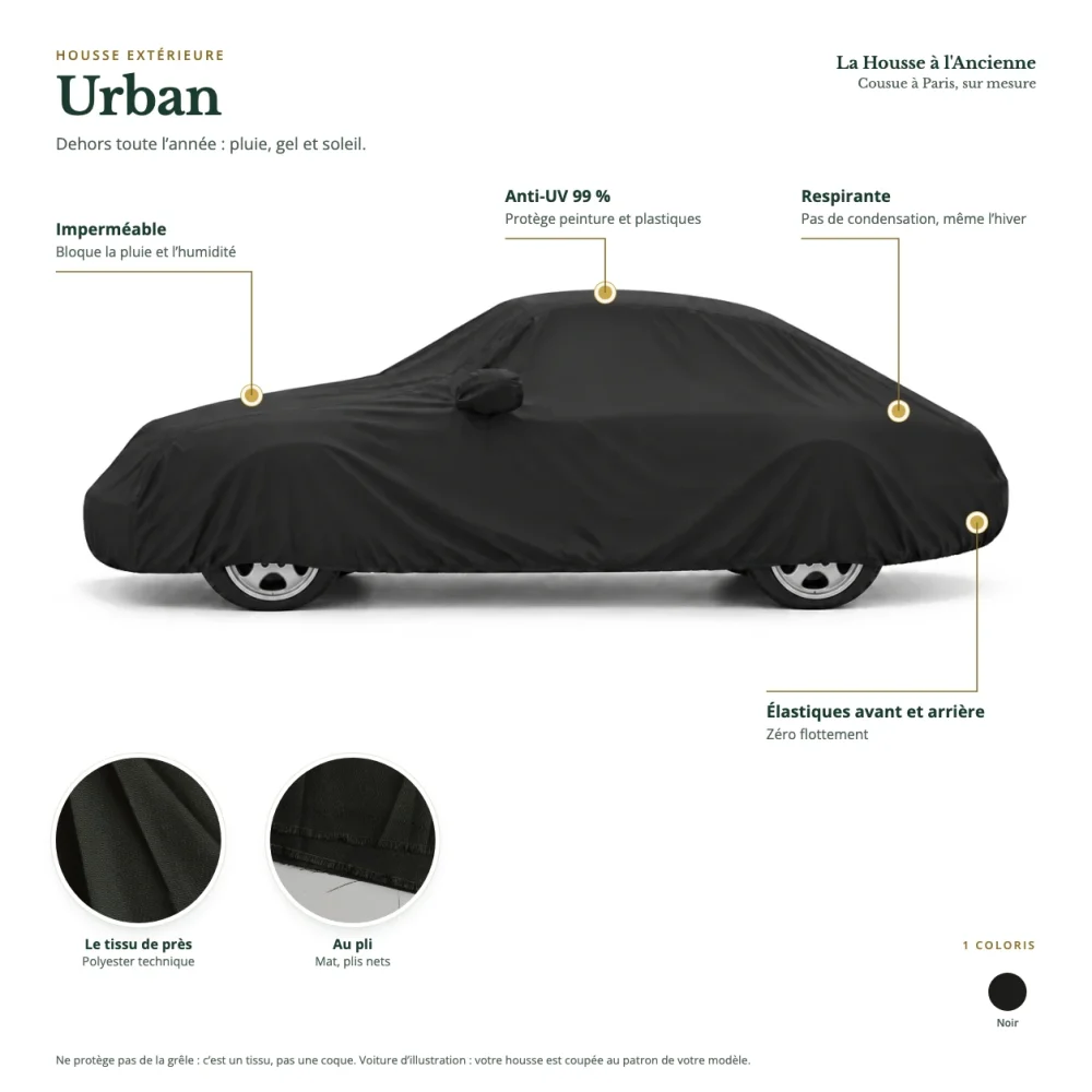 Infographie de la housse extérieure Urban pour Mercedes-Benz CLA (C117 / C118) : imperméable, anti-UV 99 %, respirante, élastiques avant et arrière
